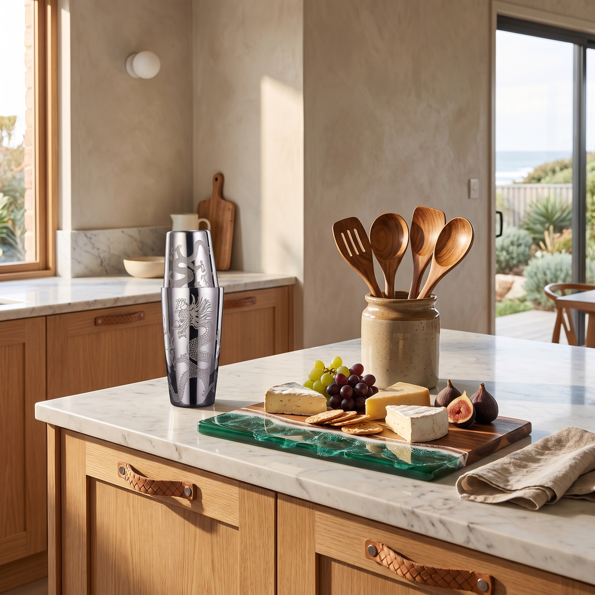 Mixaro engraved cocktail shaker, Culi wooden utensils and Bondi acacia resin board on a marble kitchen bench