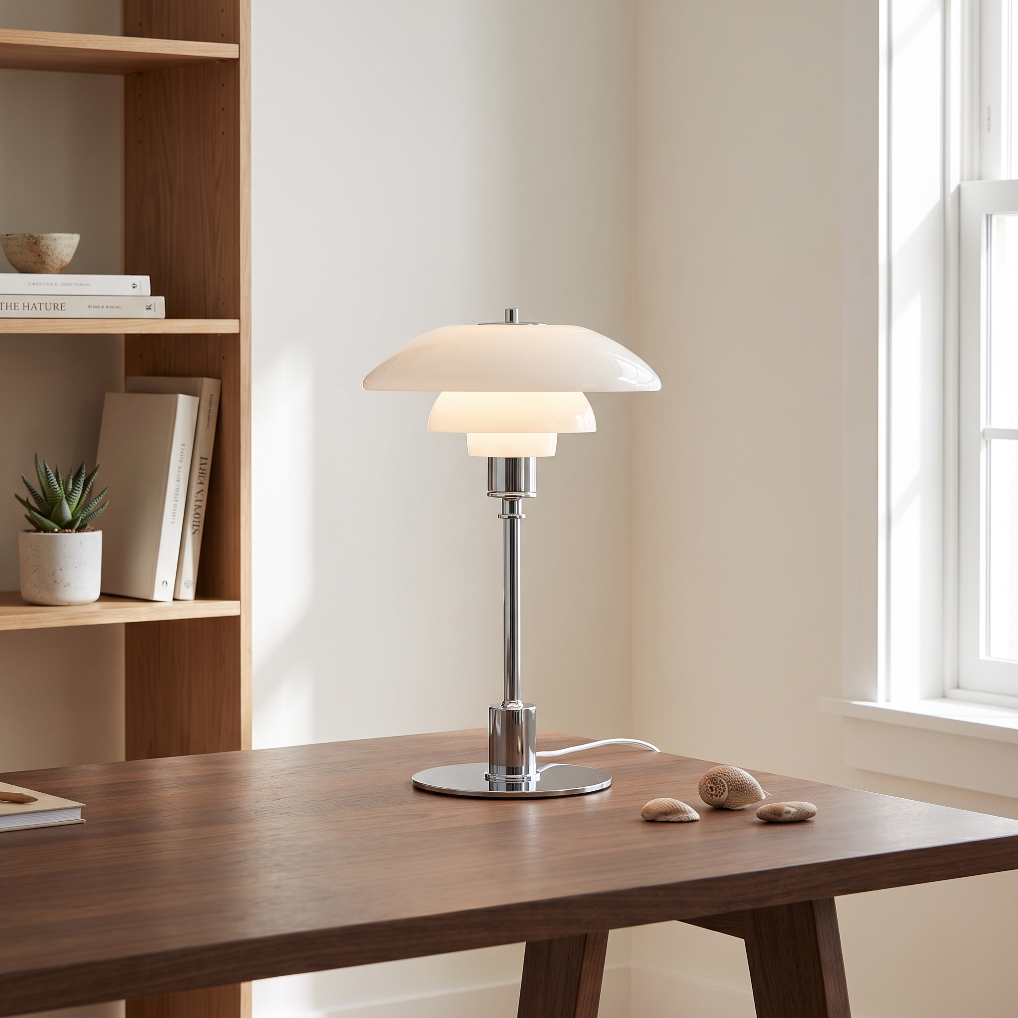 Ingrid Nordic glass table lamp with white glass shade and silver base on a home-office desk