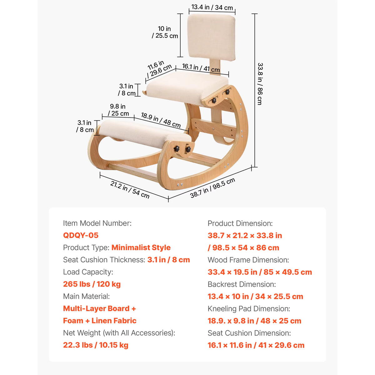 Ivy kneeling chair with backrest dimensions, 98.5 x 54 x 86cm overall with a 34 x 25.5cm padded backrest