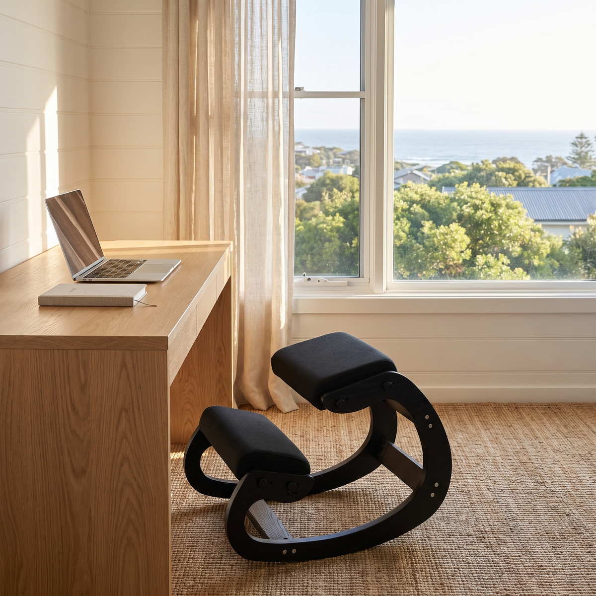 Ivy ergonomic kneeling chair in all black beside an oak desk in a coastal study with an ocean view