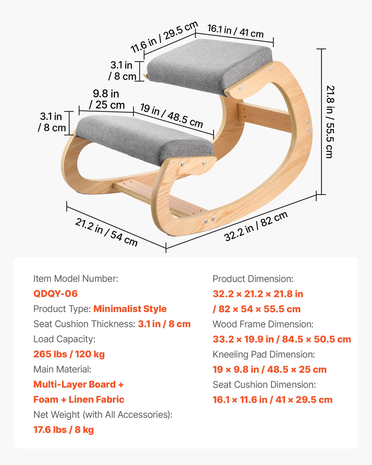 Ivy large-frame kneeling chair dimensions, 82 x 54 x 55.5cm overall with 48.5 x 25cm knee pad, weighs 8kg