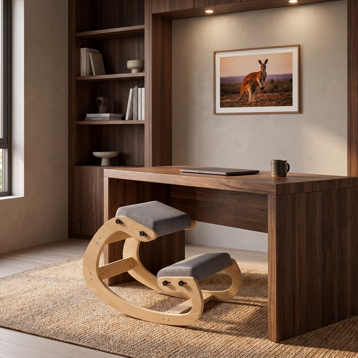Ivy ergonomic kneeling chair with natural wood frame and grey cushions at a walnut desk in a home office
