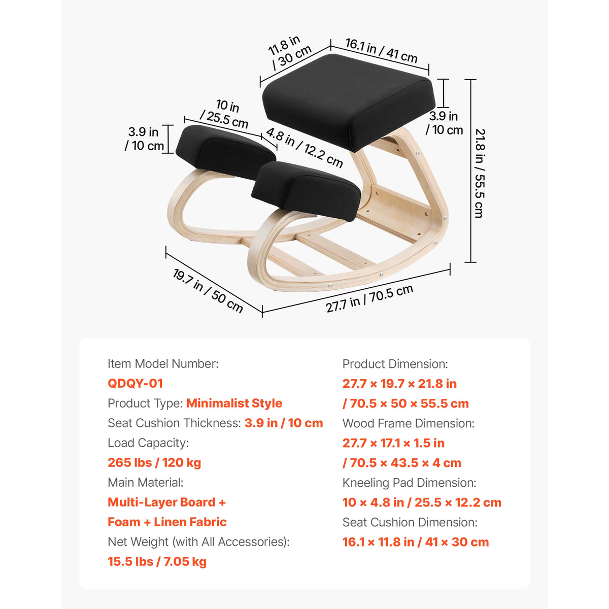 Ivy twin-pad kneeling chair dimensions, 70.5 x 50 x 55.5cm overall with a 10cm thick seat cushion