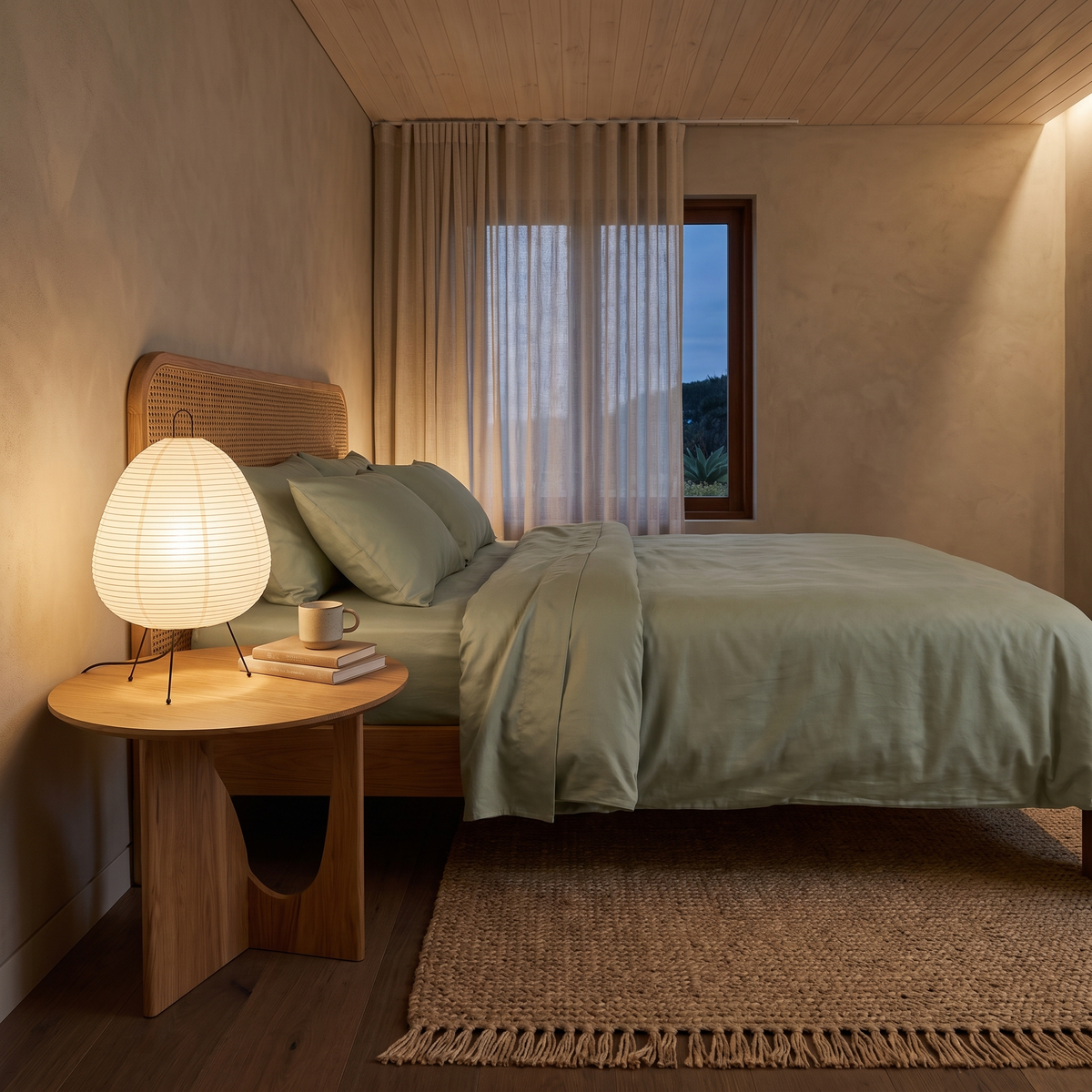 Toshi lamp glowing on a Malmo bedside beside Eco Haven sage bedding and a Yarrel bamboo rug in the evening