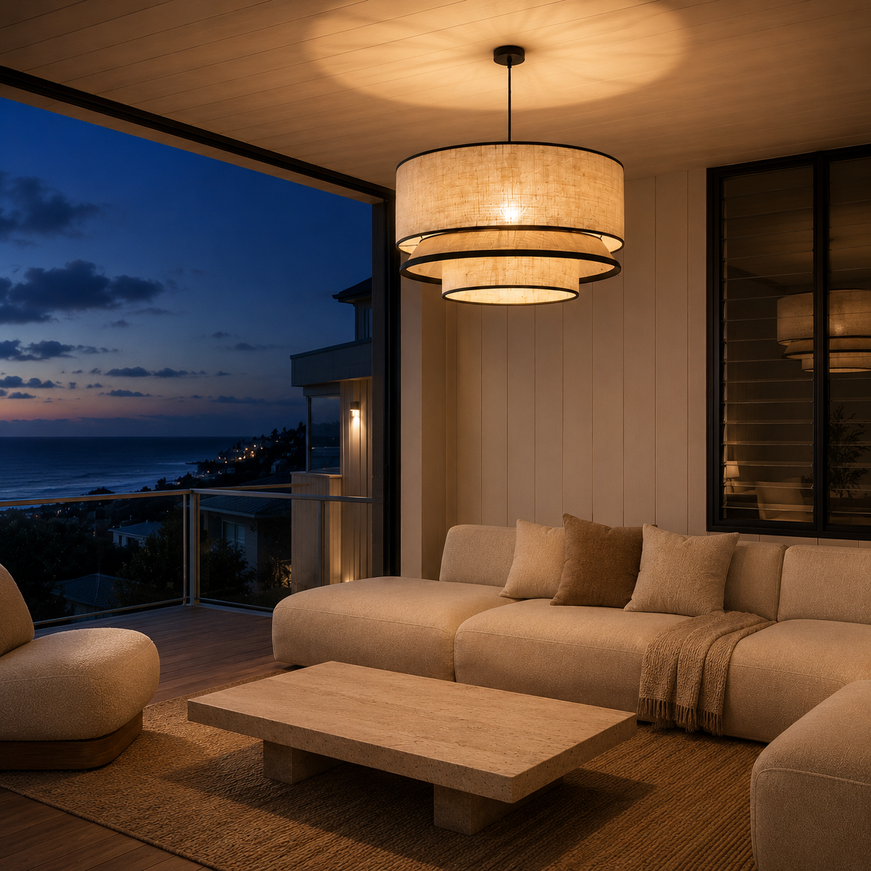 Japandi Halo Woven Chandelier illuminated