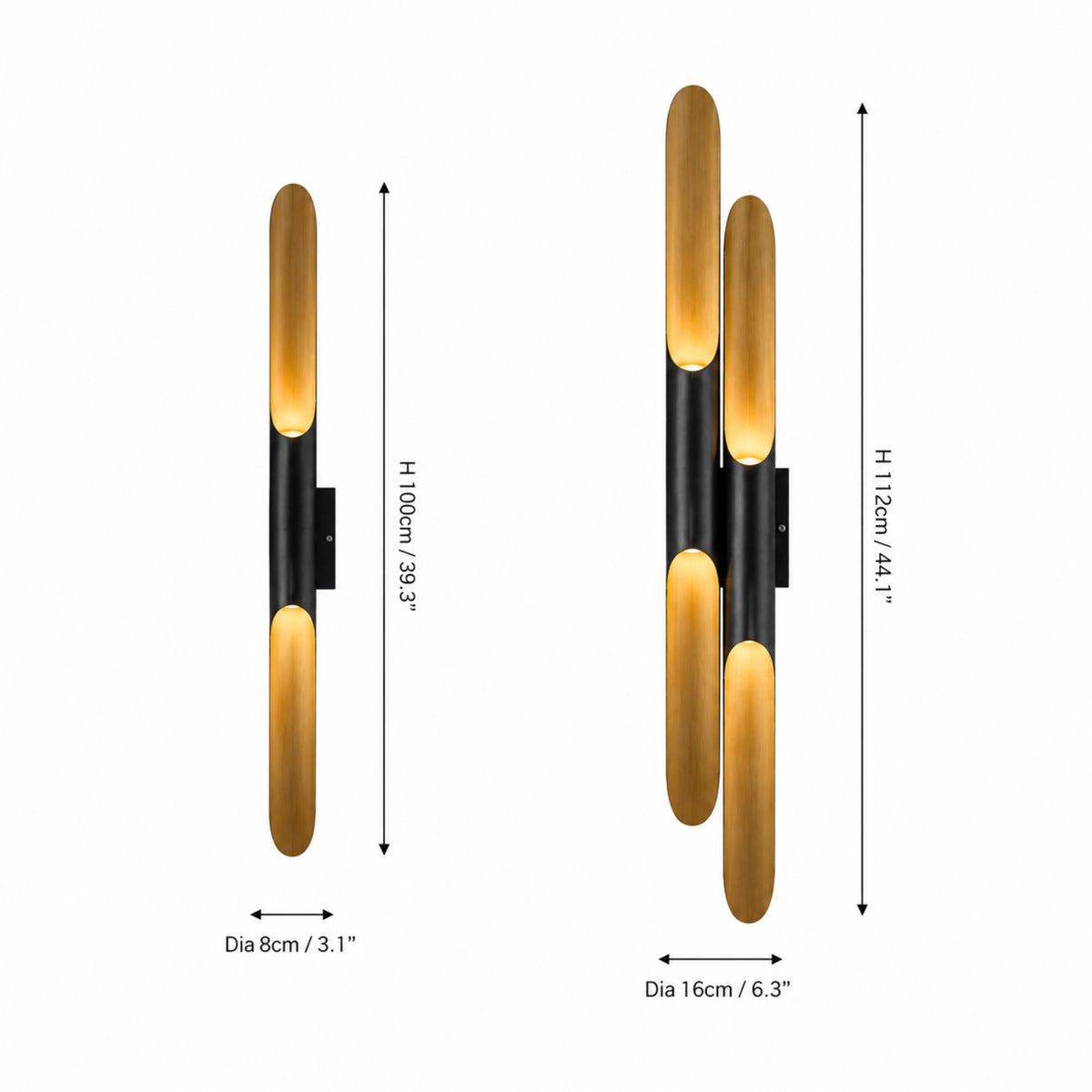 Jarra wall light sizes: single 8 x 100cm (3.1 x 39.4in) and double 16 x 112cm (6.3 x 44.1in)