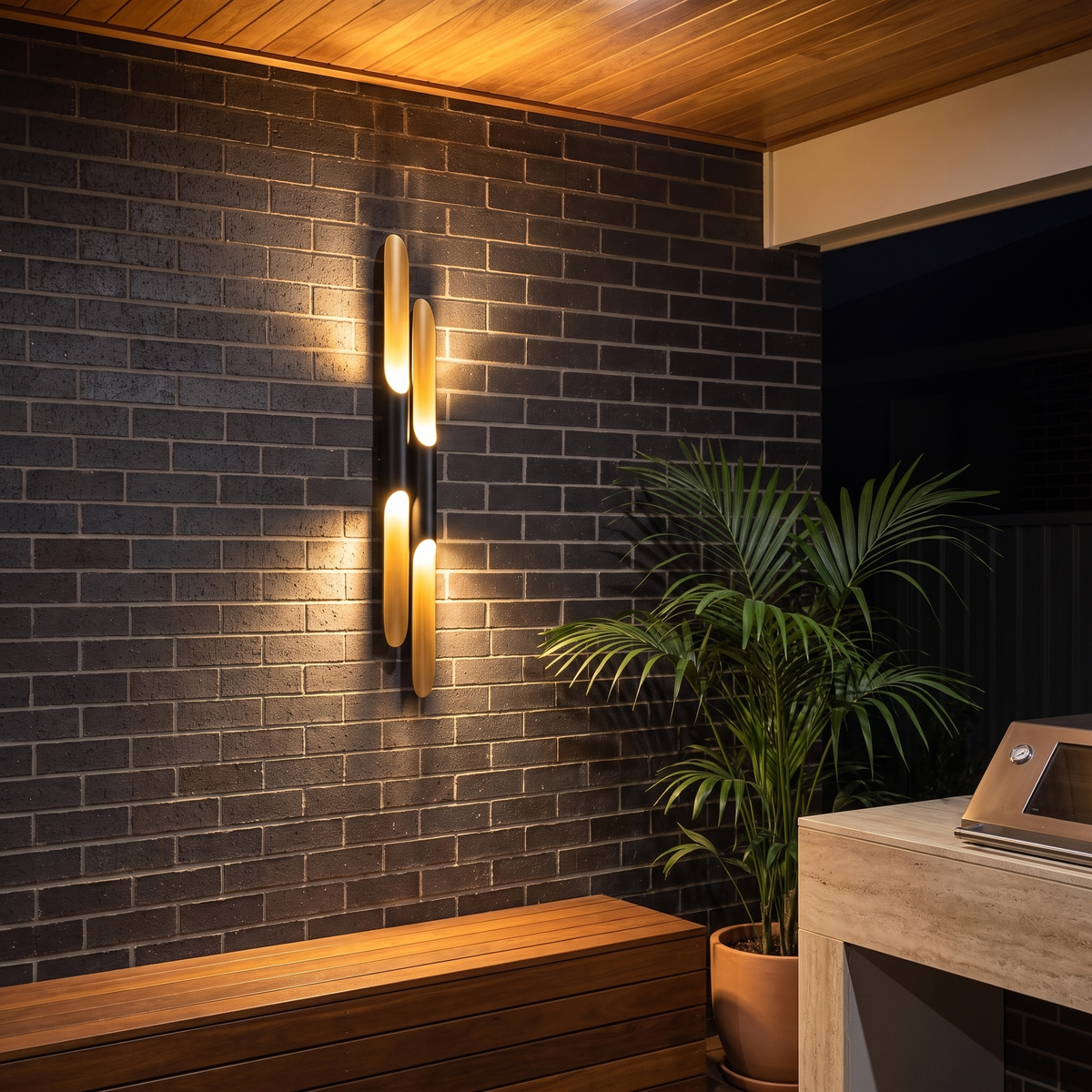 Jarra double-tube up and down wall light on a charcoal brick alfresco wall above a timber bench at night