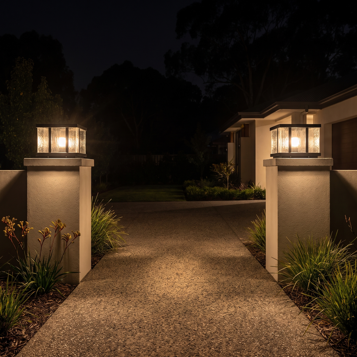 Black Jase pillar light with textured glass glowing on a rendered entry pier at dusk