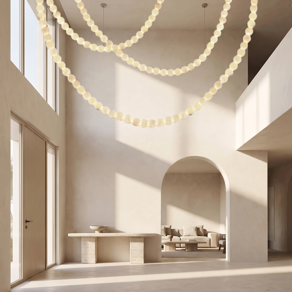 Jawa alabaster bead pendant sweeping in two long swags across a double-height entrance hall