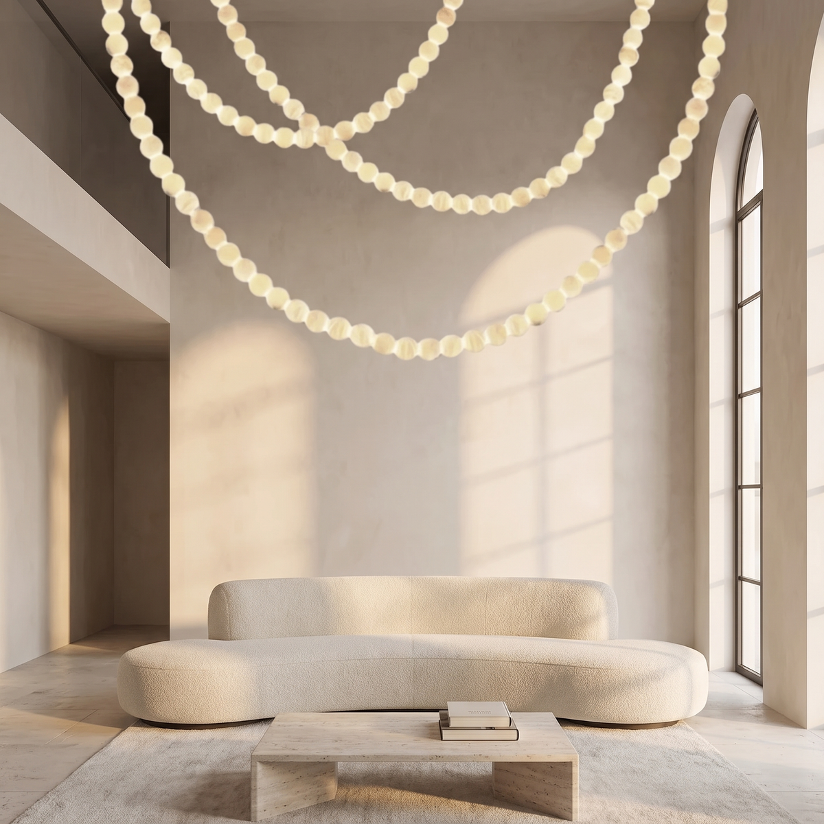 Jawa alabaster bead pendant in two generous swags across a double-height living space with a mezzanine