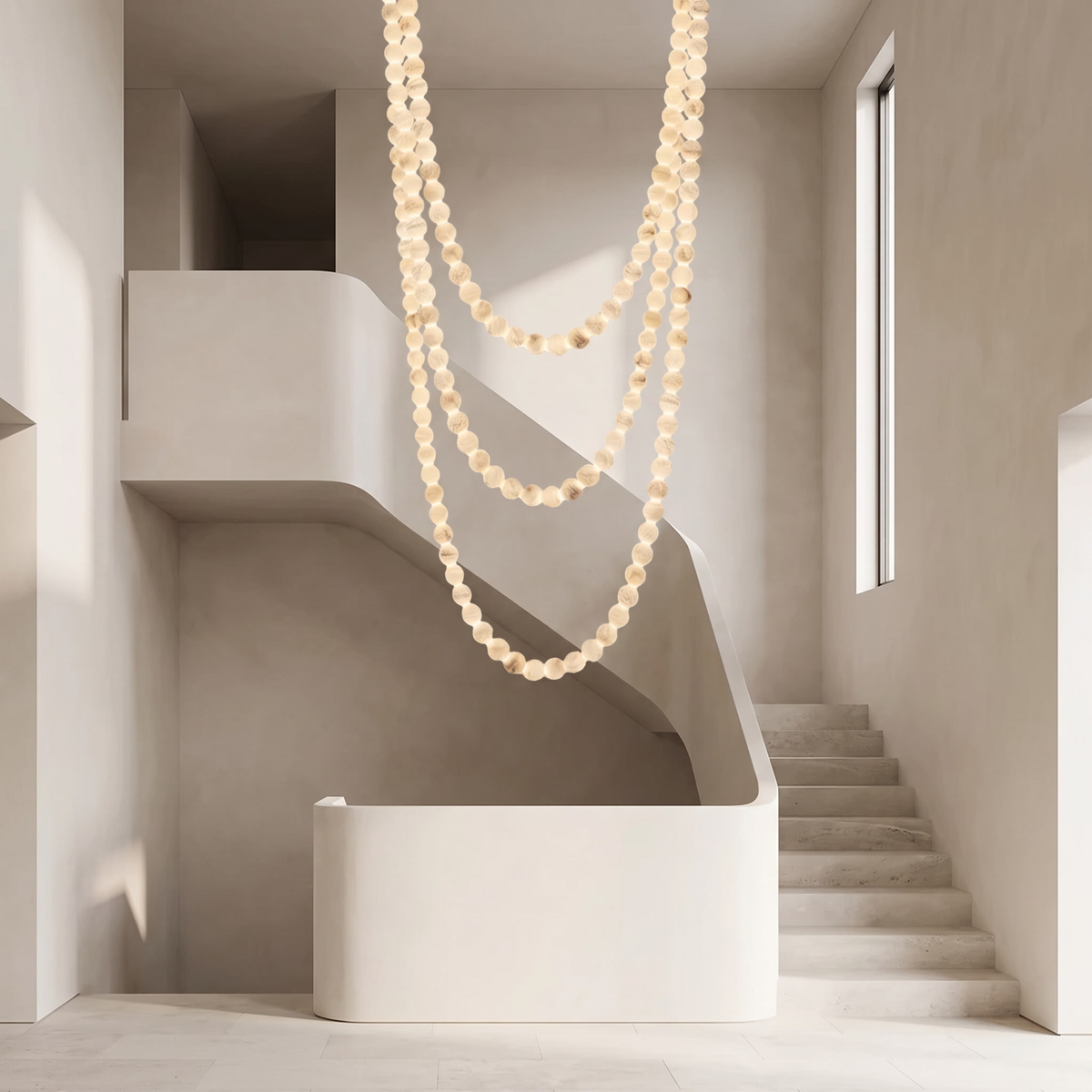 Jawa alabaster bead pendant in three deep swags cascading down a grand stone staircase void