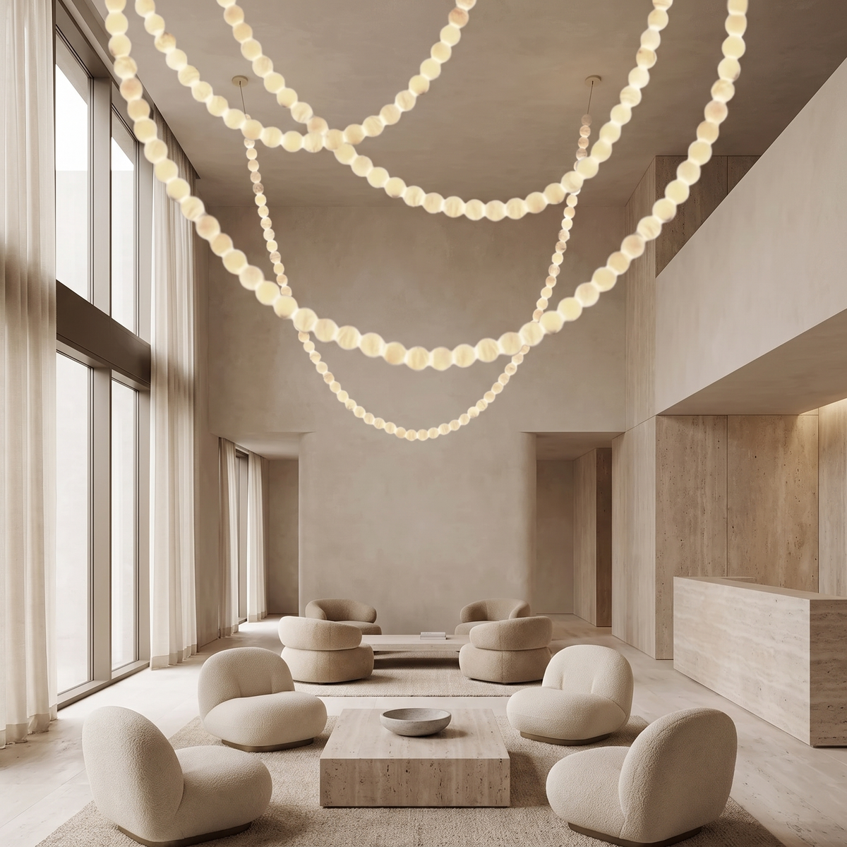Jawa alabaster bead pendant as the centrepiece of a double-height boutique hotel lobby