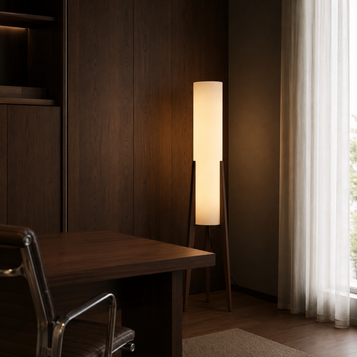 Jervis walnut wood floor lamp with fabric drum shade, natural wood finish