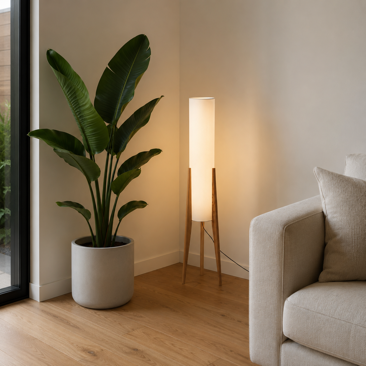 Jervis floor lamp natural wood base detail close-up