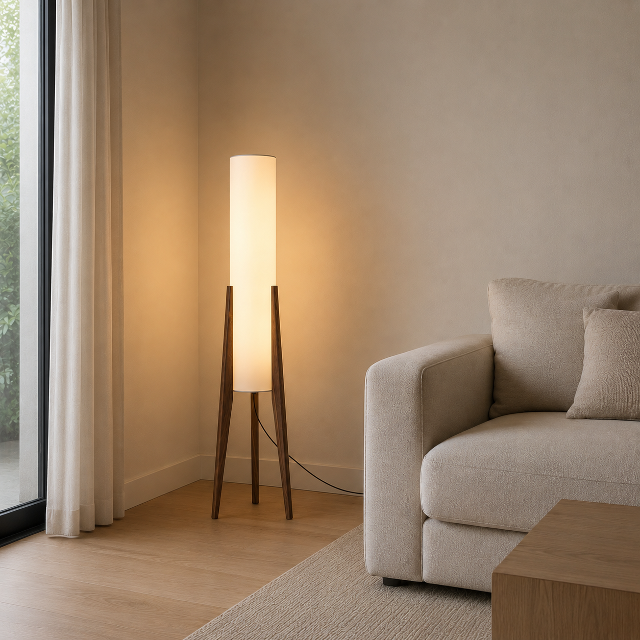 Jervis floor lamp in walnut finish with dimmable LED fabric shade