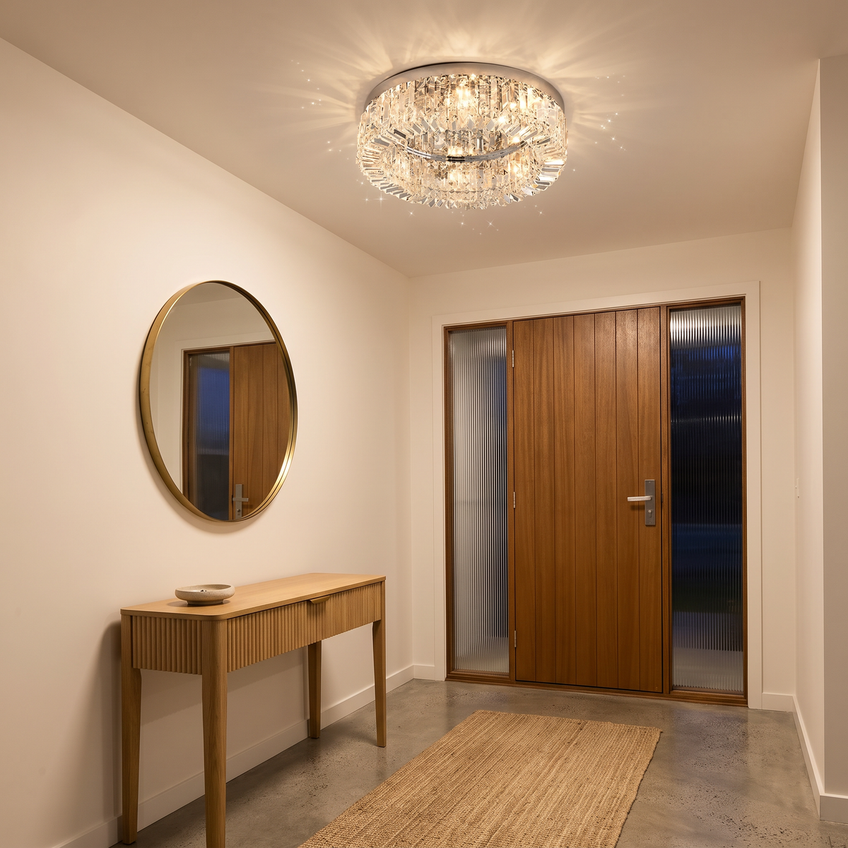 Chrome Jessi crystal flush mount glowing in a modern entry foyer at night