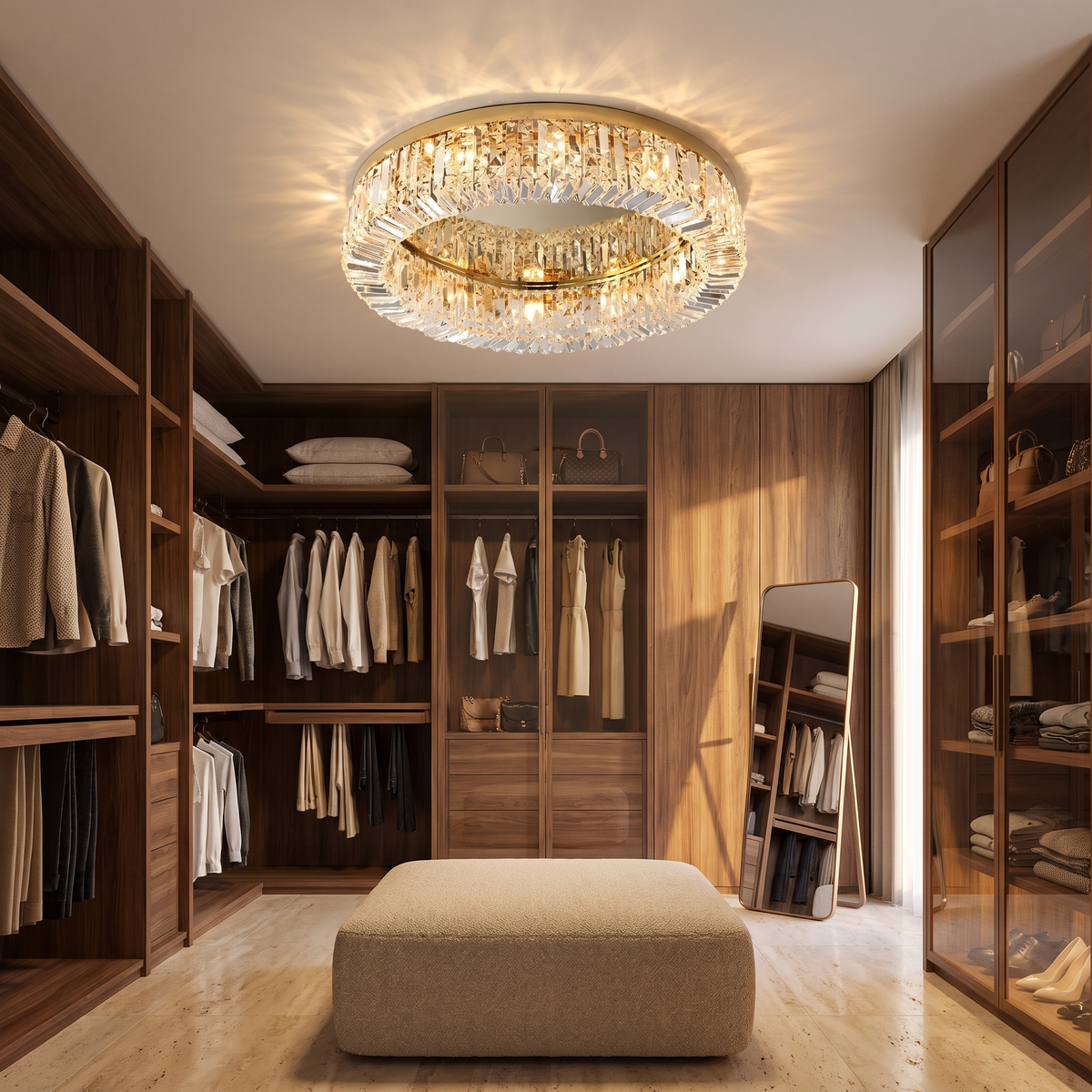 Gold Jessi crystal ceiling light sparkling over a walnut walk-in dressing room