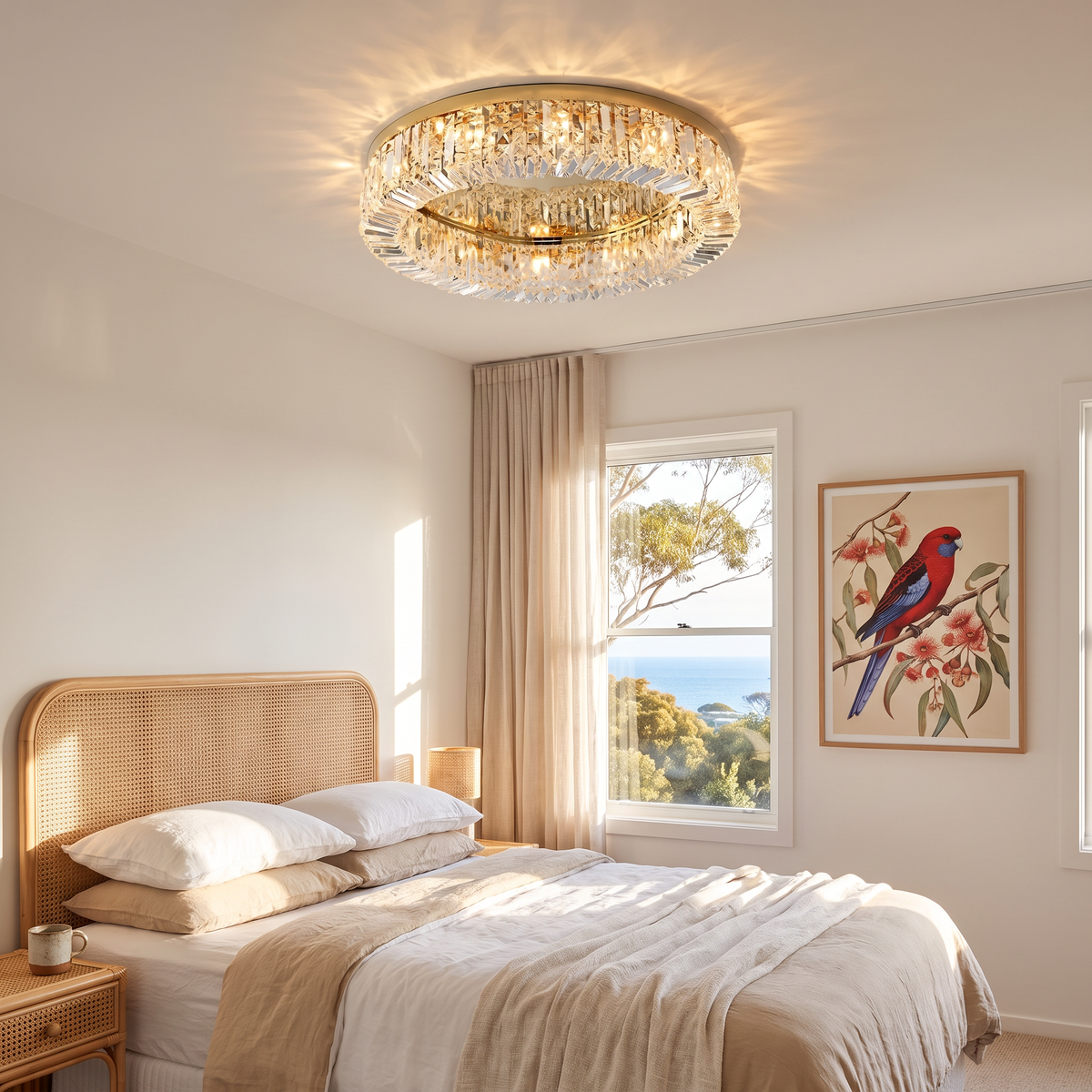 Gold Jessi crystal ceiling light in a coastal guest bedroom with a cane bedhead