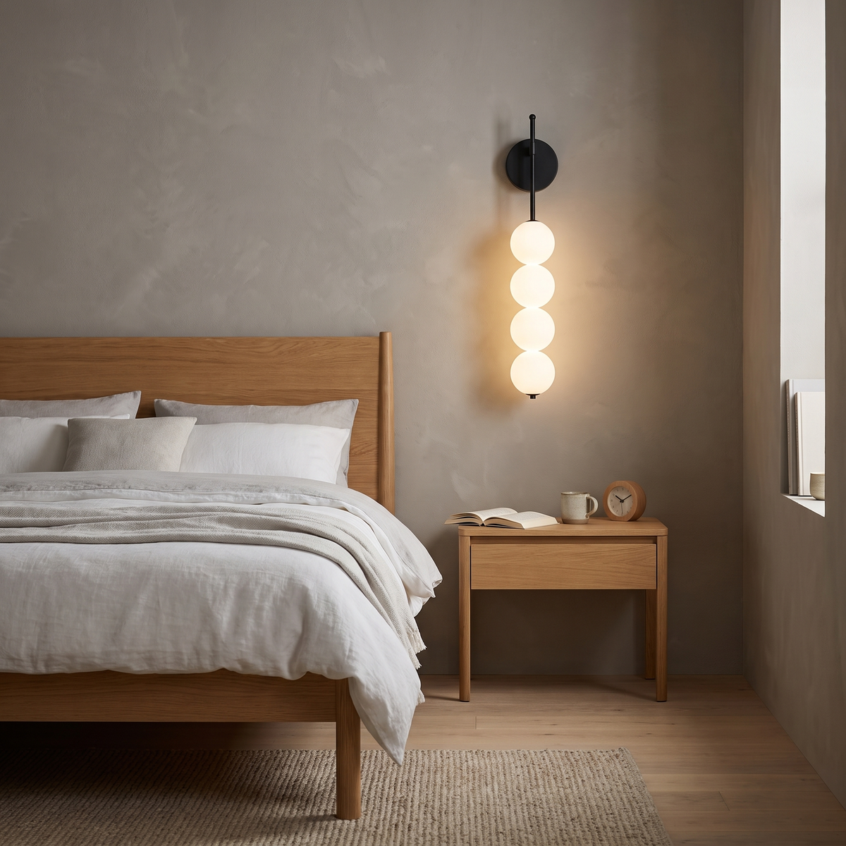 Jilli opal glass wall sconce in black in a bedroom