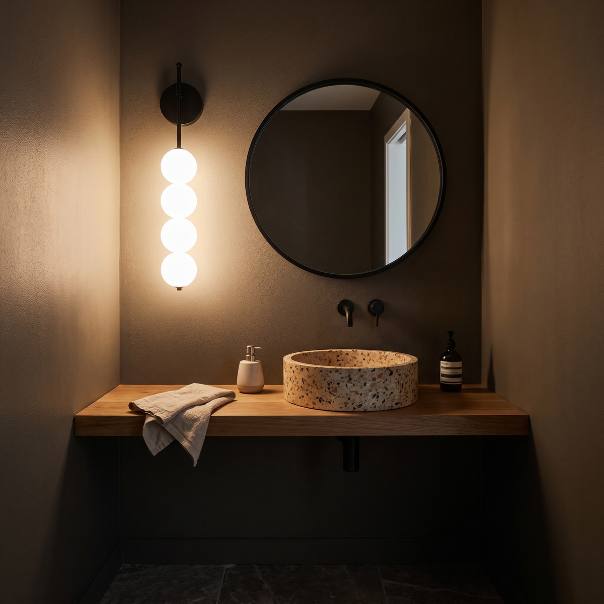 Jilli opal glass wall sconce in black in a powder room