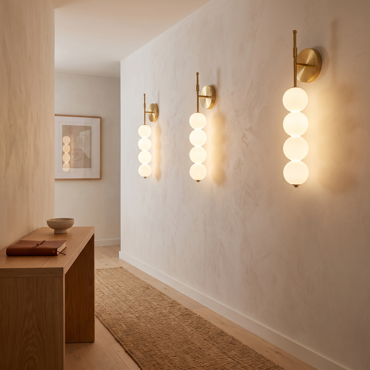 Jilli opal glass wall sconce in gold in a hallway