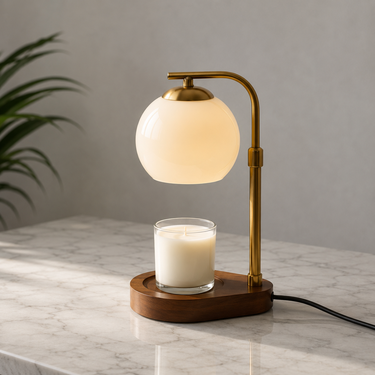 Jindi candle warmer lamp in beige finish with scented candle underneath