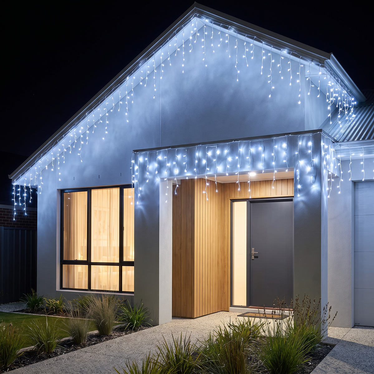 Jingle LED icicle lights in cold white along the gutter of a modern home at night