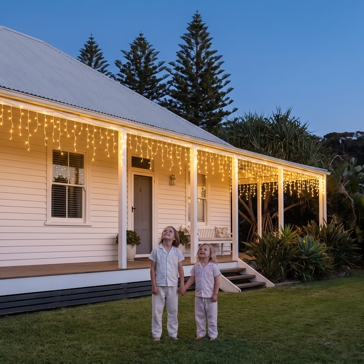 Jingle LED icicle lights in warm white on a beach house verandah with children at dusk