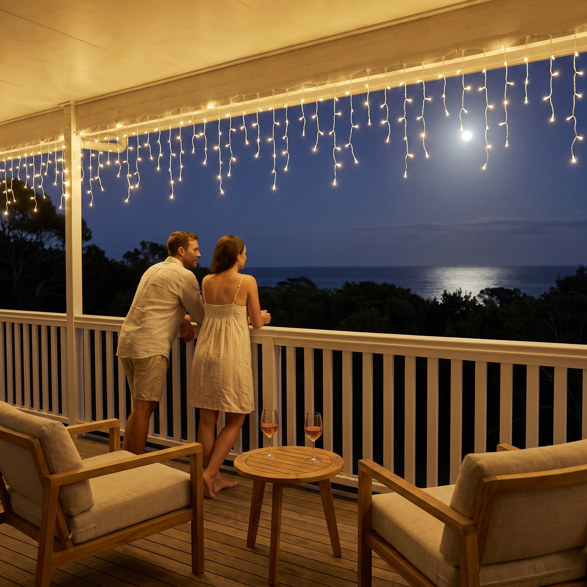 Jingle LED icicle lights in warm white along a coastal balcony at night