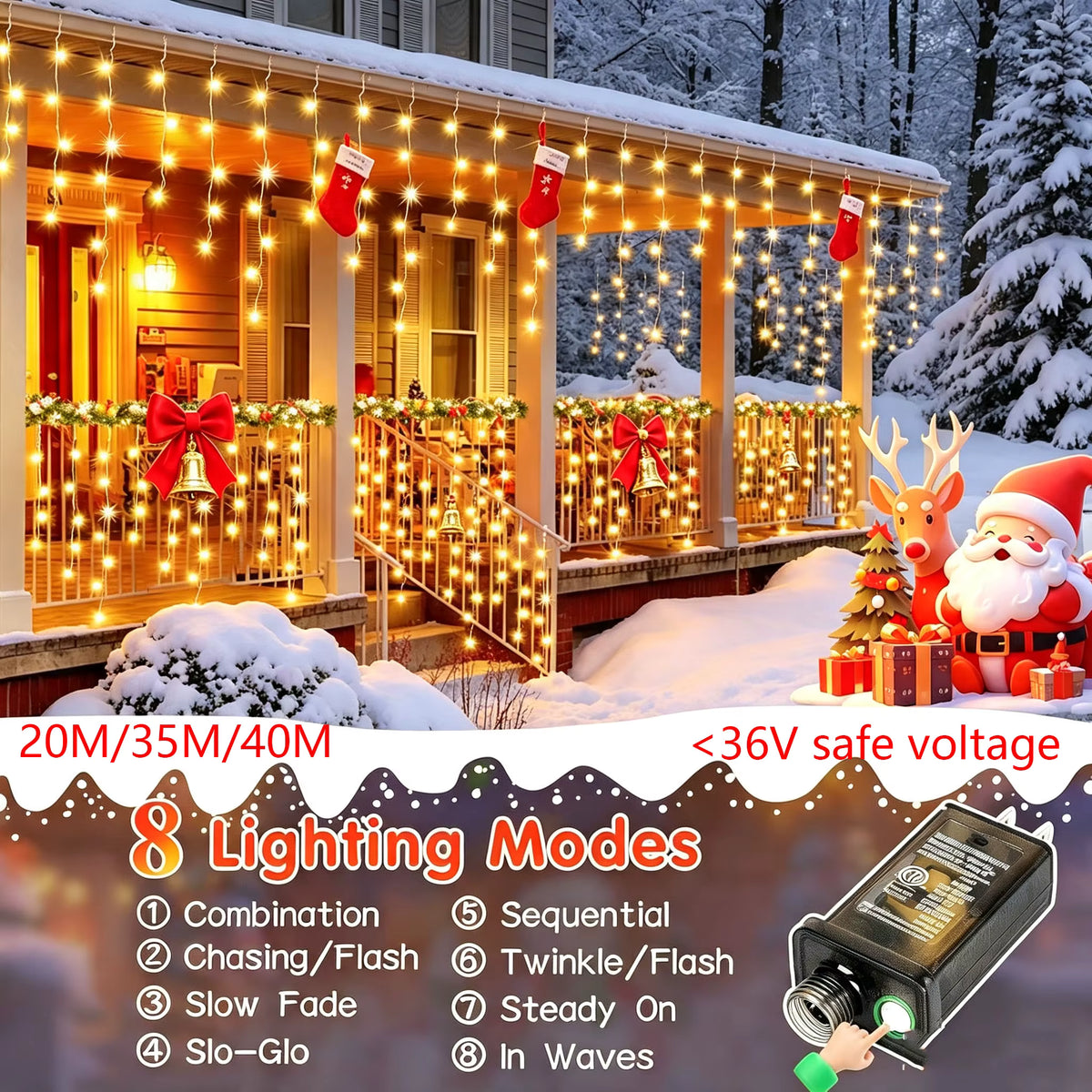 Jingle warm white LED icicle lights on a snowy verandah with the 8-mode low-voltage controller