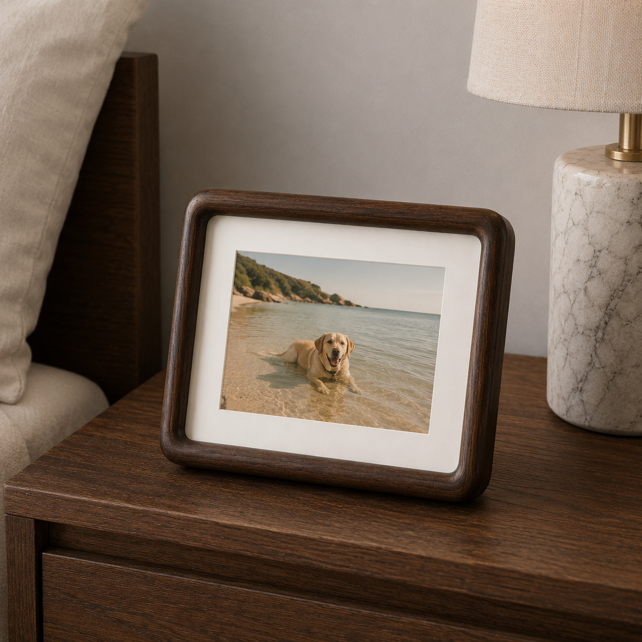 Joanna Solid Hardwood Picture Frame displayed on a shelf in Teak finish