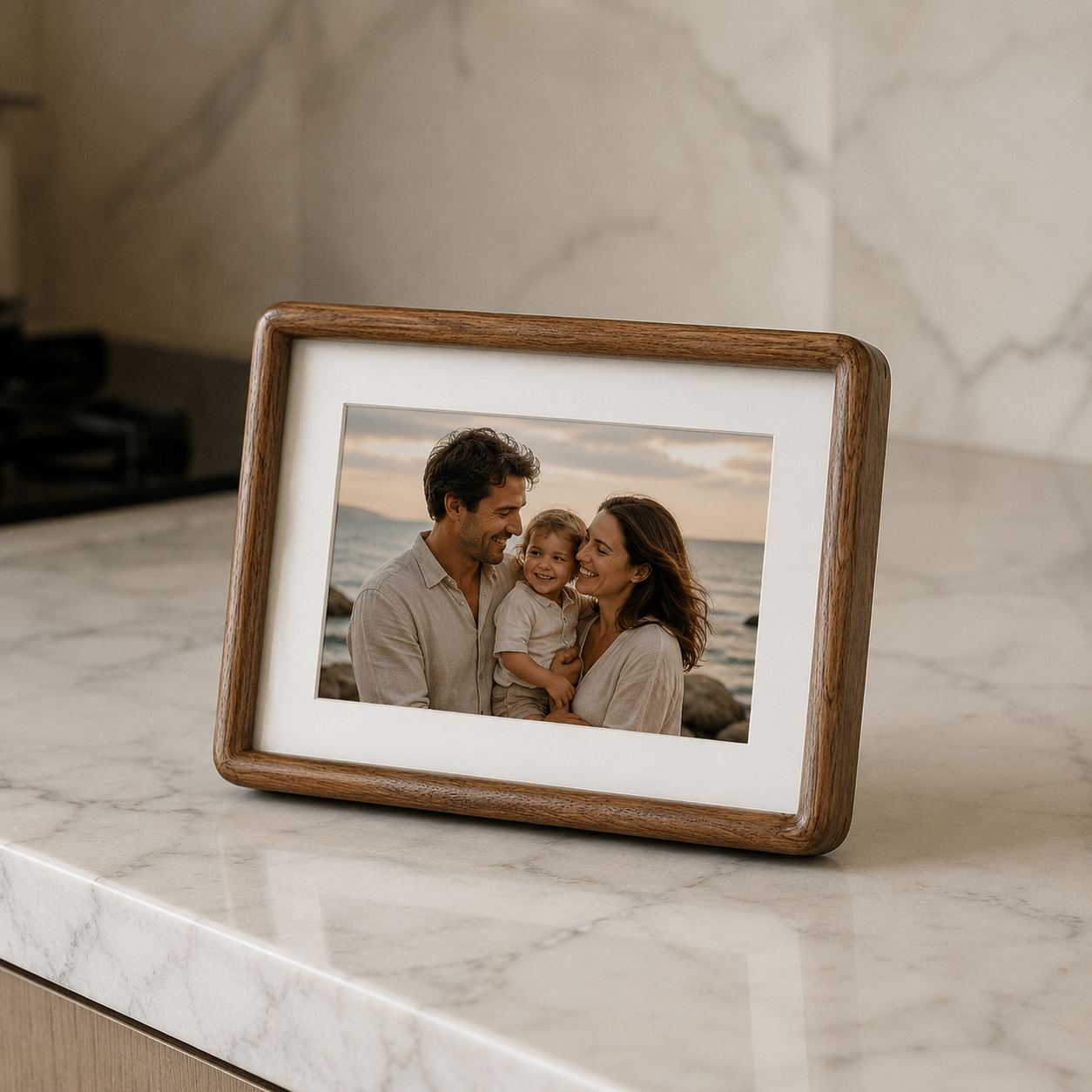 Joanna Picture Frame collection shown in Teak, Black Walnut, Beechwood, Shabili, and Cherrywood finishes