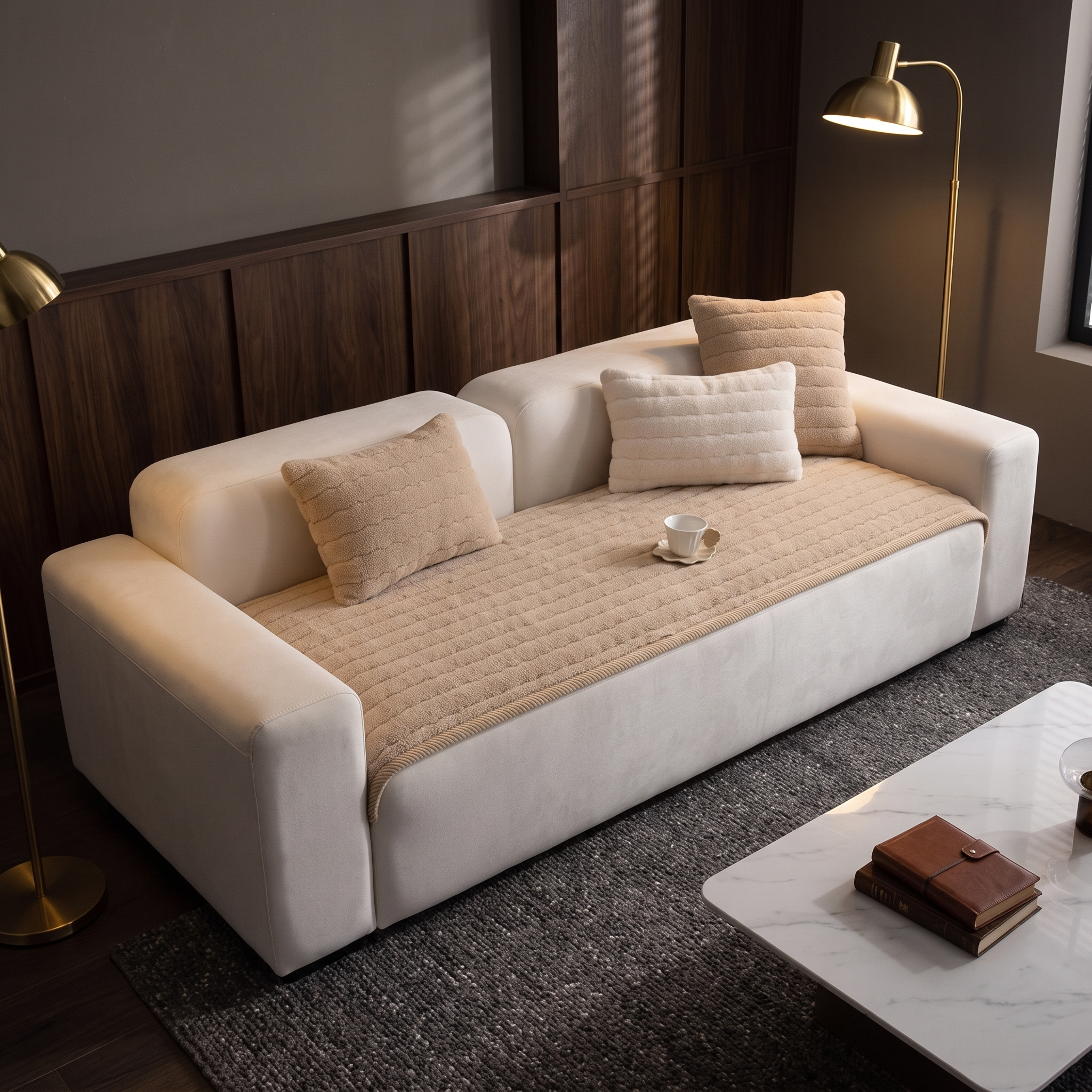 Jody plush microfibre sofa cover in Charcoal Mist styled in a warm modern living room