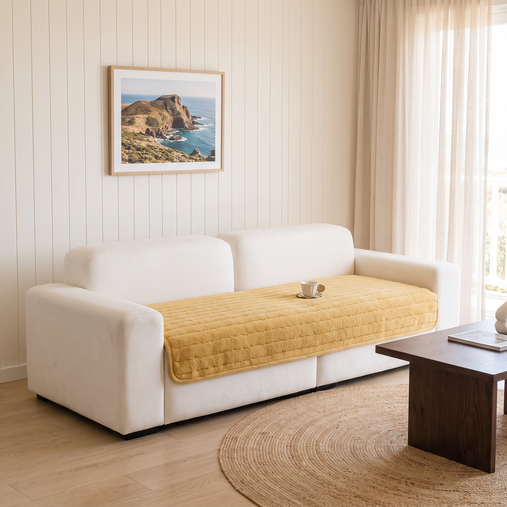 Jody plush microfibre sofa cover in Cream Cloud styled in a coastal Australian living room