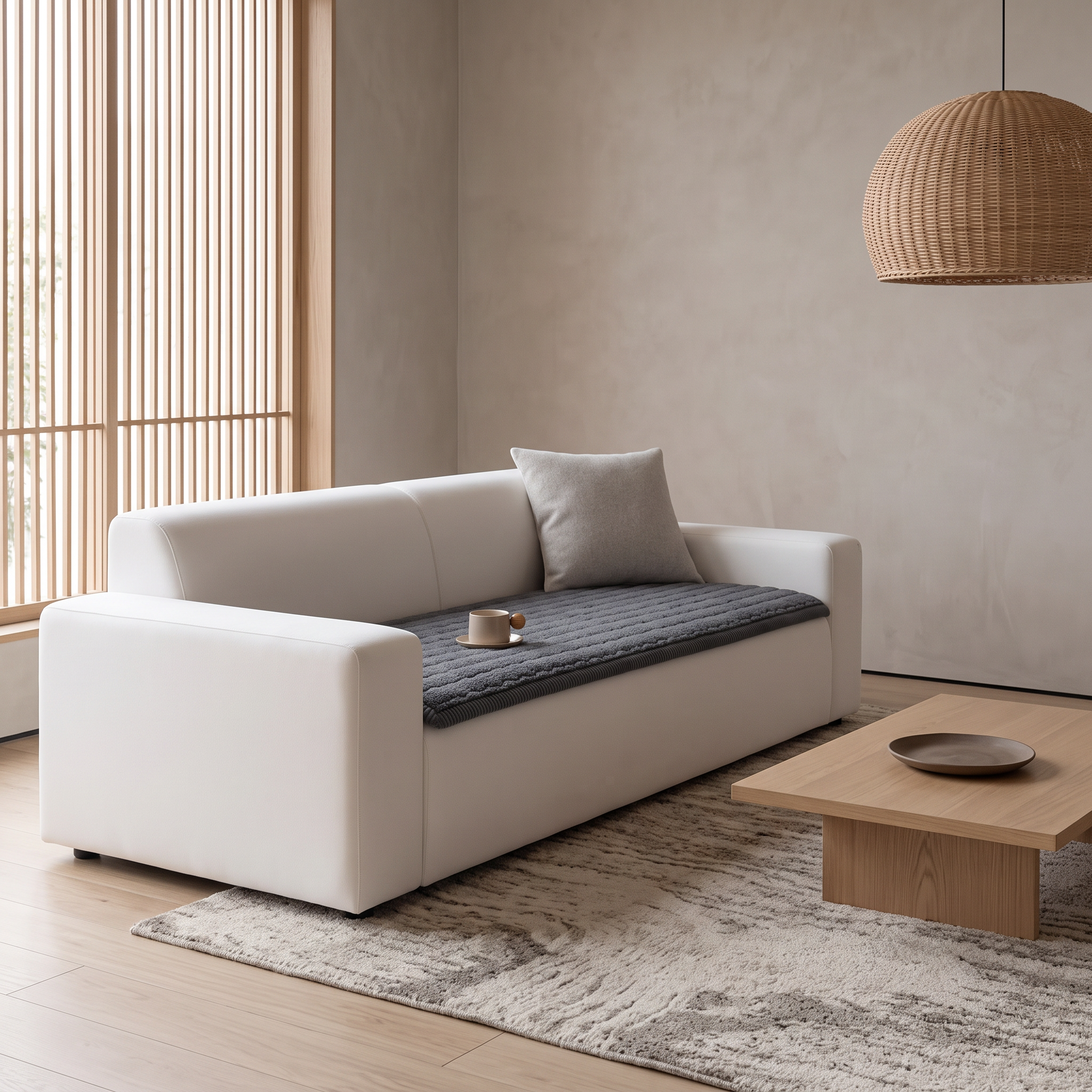 Jody plush microfibre sofa cover in Taupe Sand styled in a Japandi living room