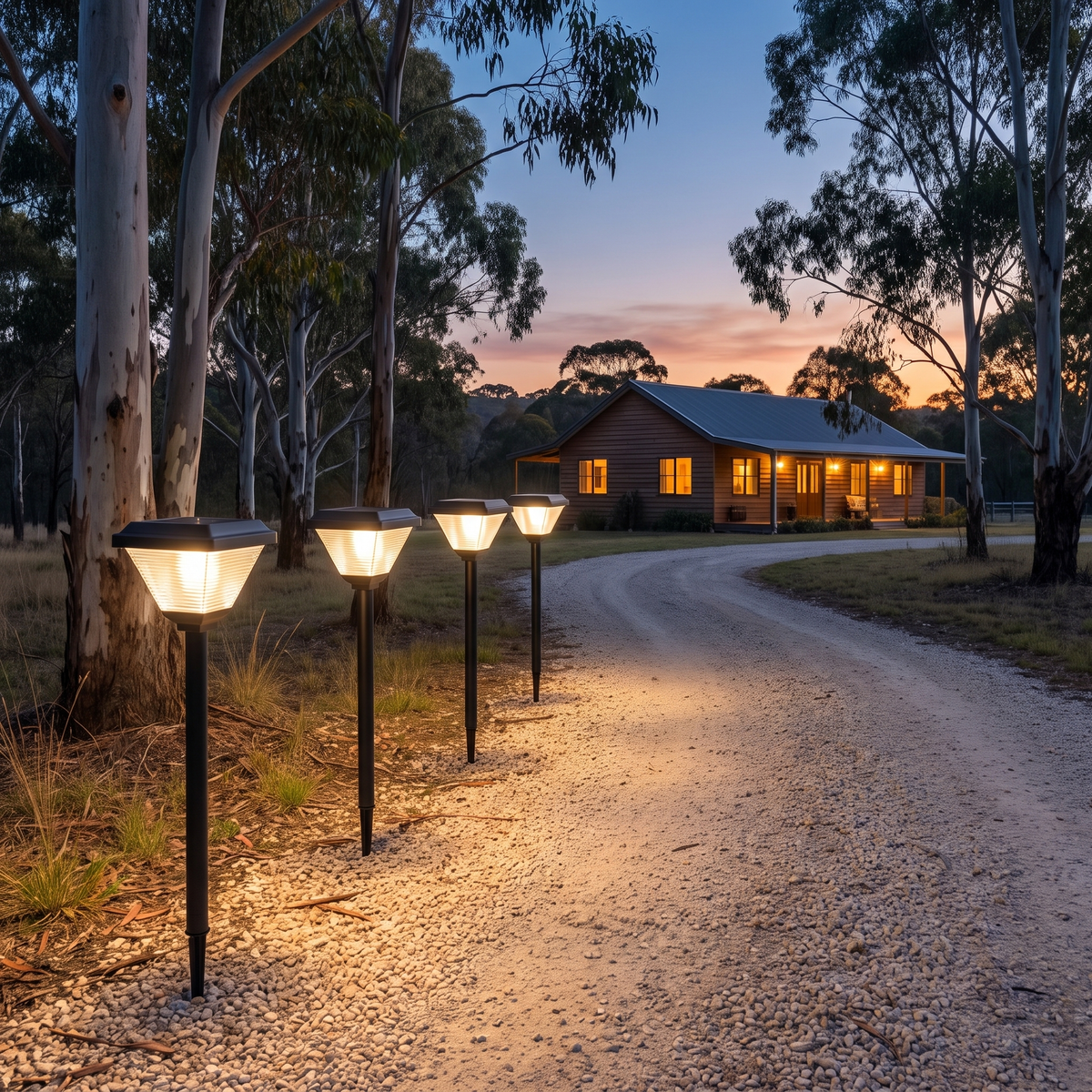 Joyo Solar Garden Lights in black glowing along a gravel driveway to an acreage farmhouse among gum trees at night