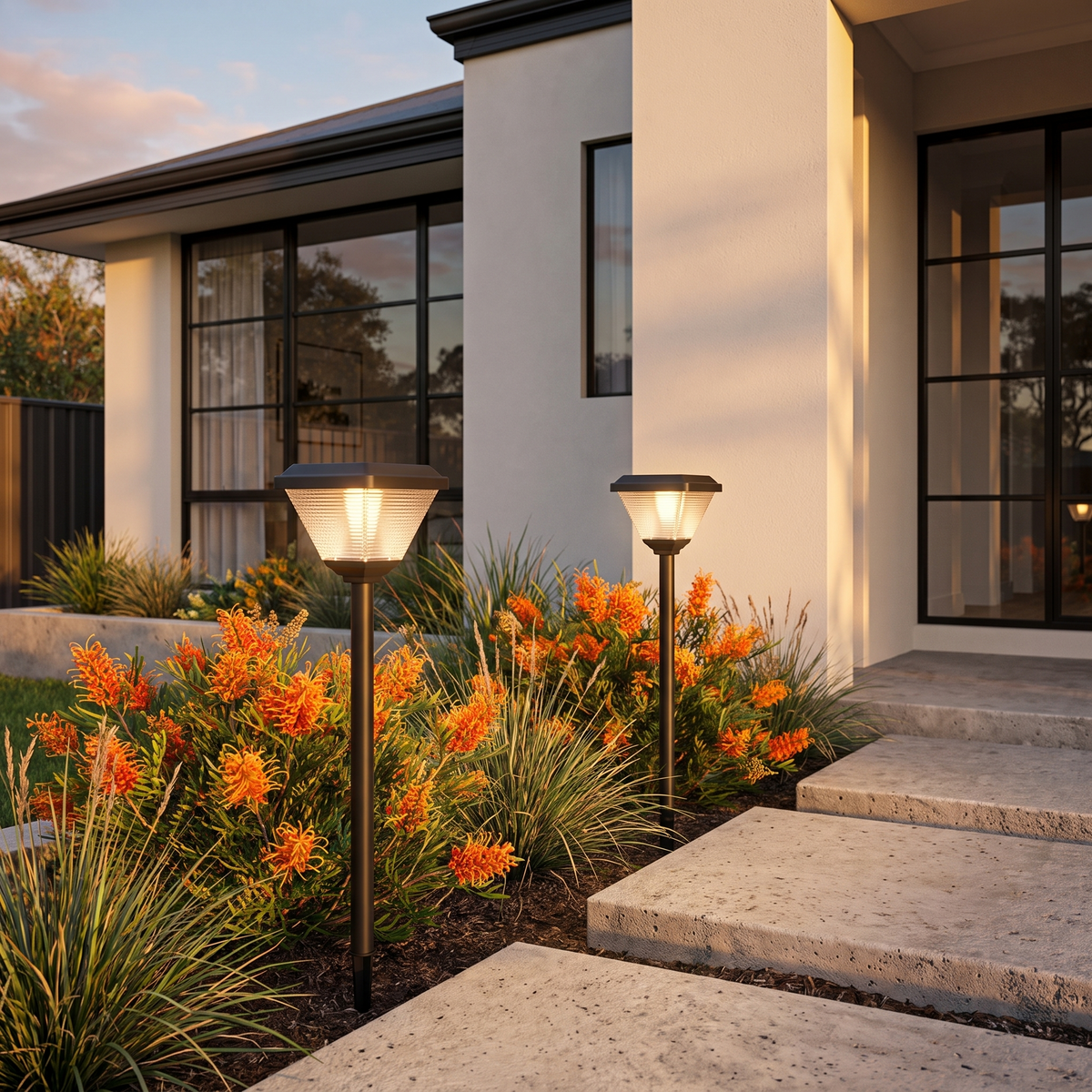 Joyo Solar Garden Lights in black in a grevillea bed beside concrete steps of a modern rendered home at golden hour