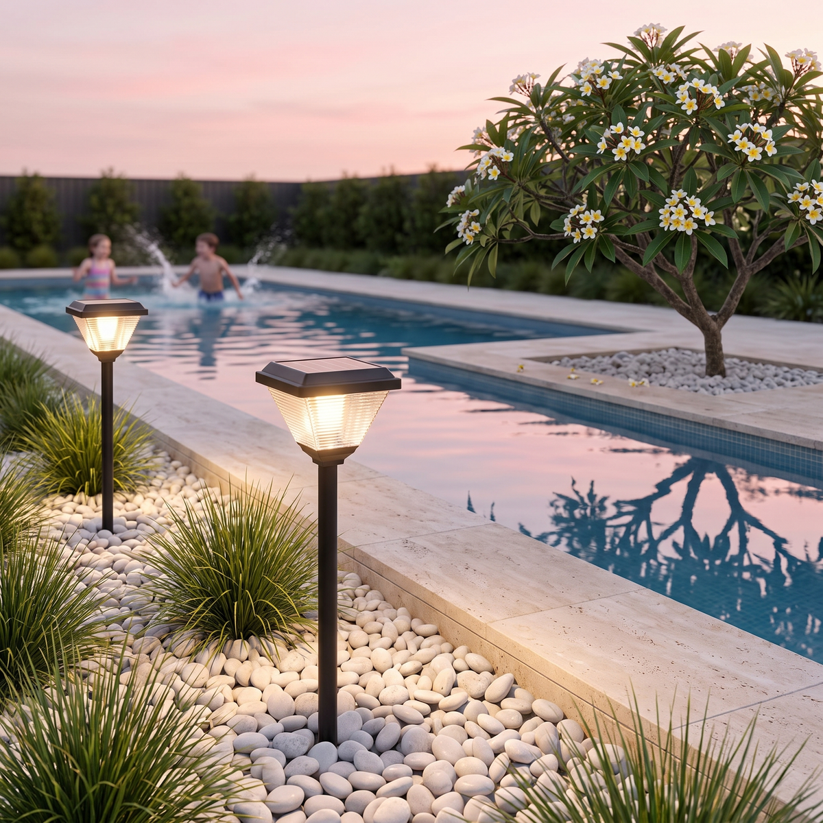 Joyo Solar Garden Lights in black in a pebble bed beside a travertine lap pool with frangipani at dusk