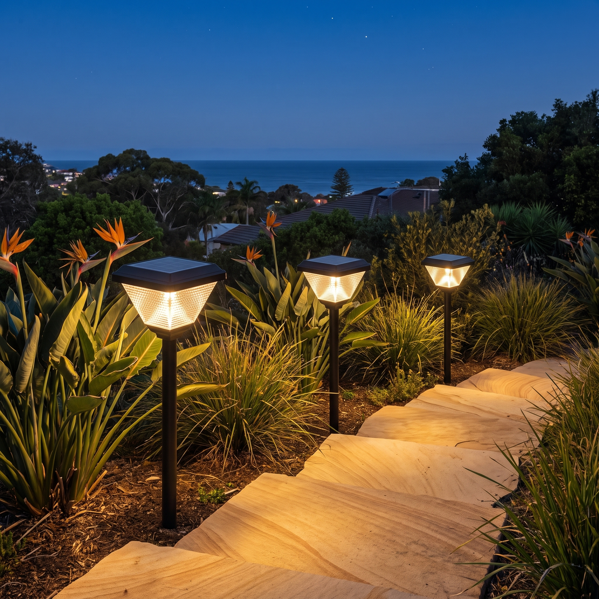 Joyo Solar Garden Lights in black glowing down sandstone steps with birds-of-paradise and an ocean view at night