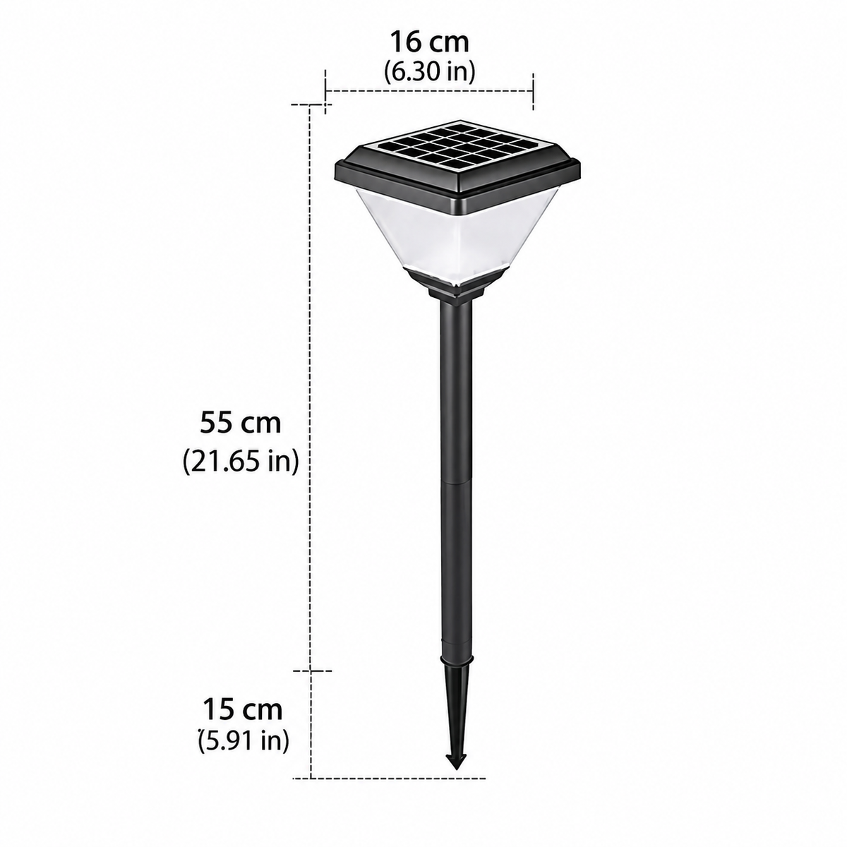 Joyo Solar Garden Light dimensions, 55cm (21.65in) tall with a 16cm (6.3in) head and 15cm (5.91in) stake