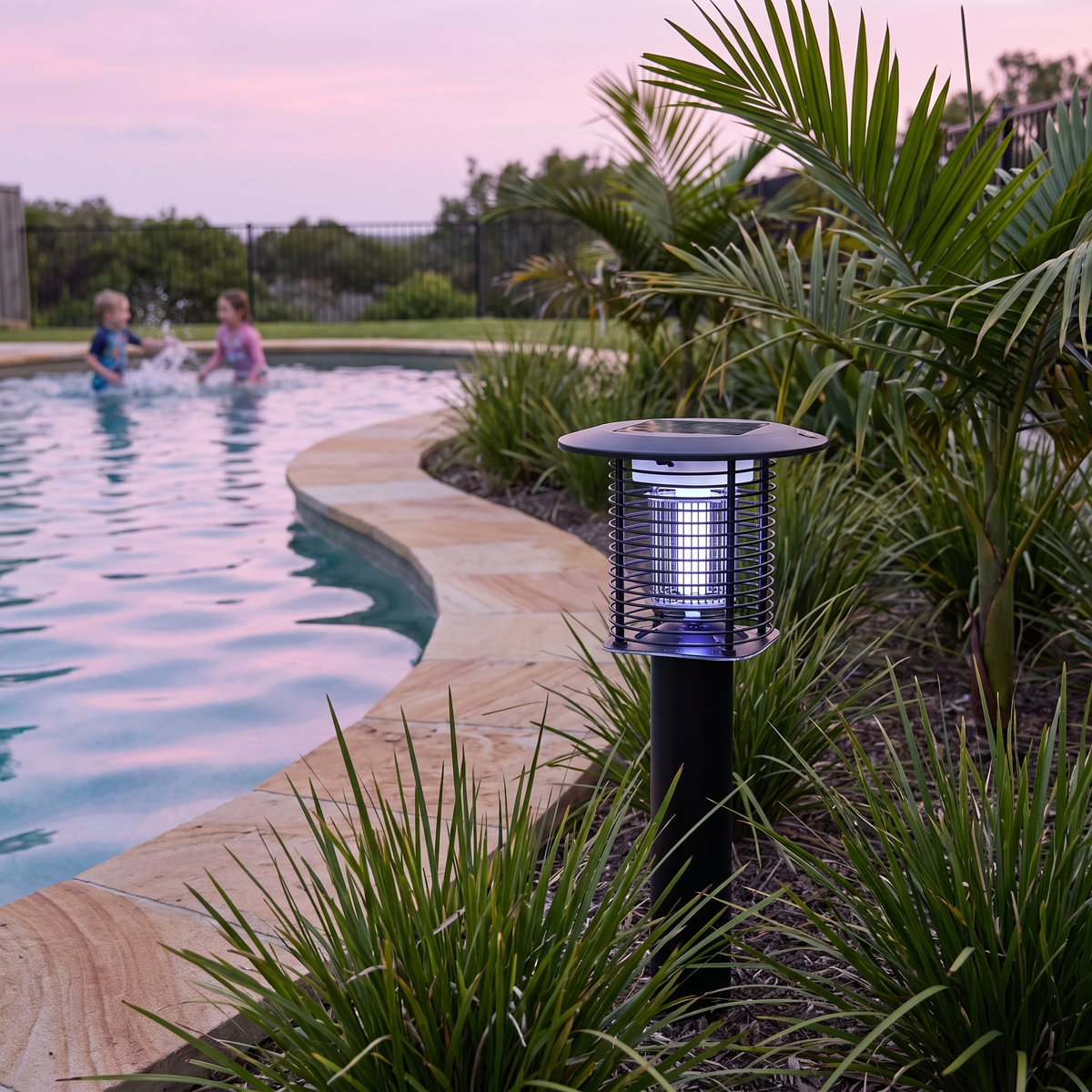 Juli Solar Bug Zapper Light in black on a post among lomandra beside a sandstone-edged pool at dusk