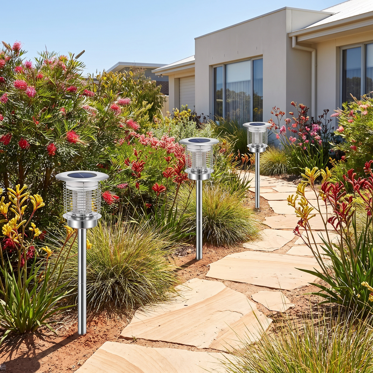 Juli Solar Bug Zapper Pathway Lights in silver along a sandstone path with grevillea and kangaroo paw