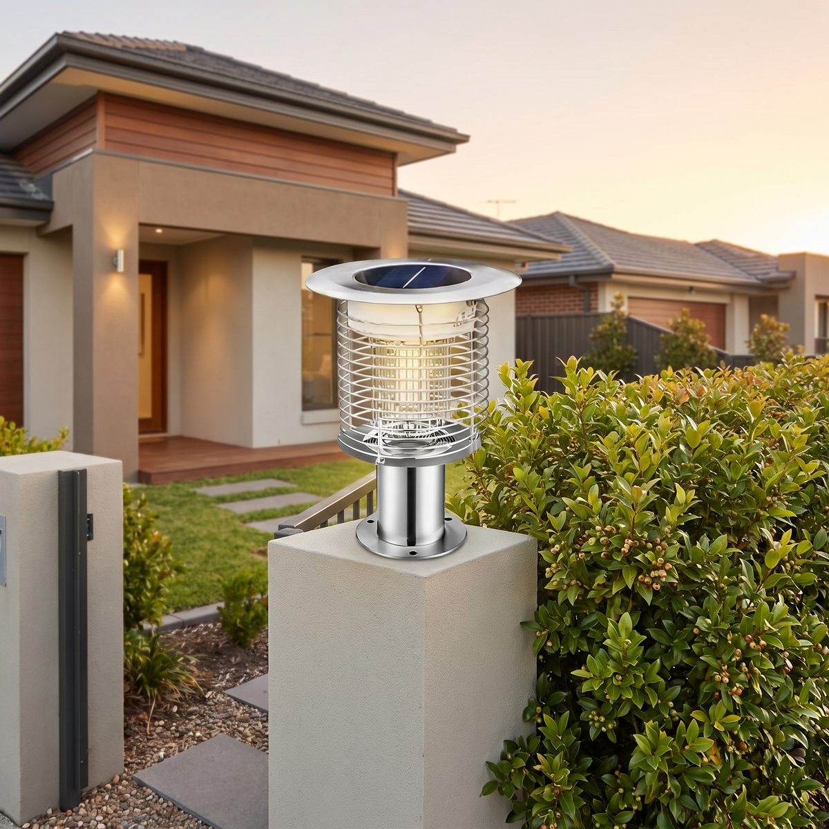 Juli Solar Bug Zapper Light in silver on a rendered gate pillar beside a lilly pilly hedge at golden hour