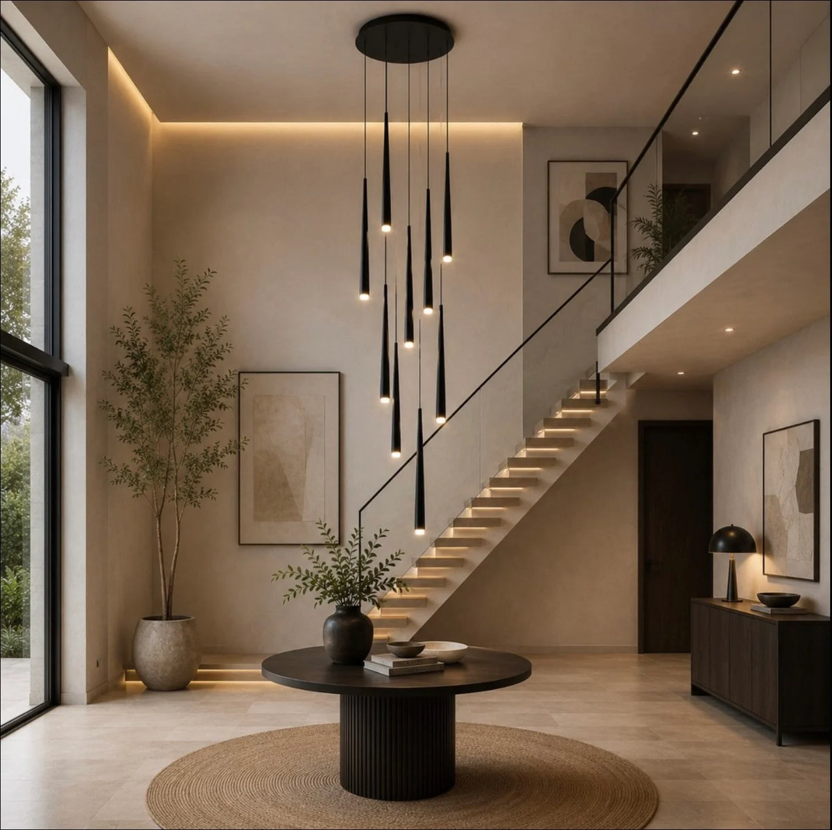 Black Jundaru cluster pendant above a round table in a double-height entry foyer