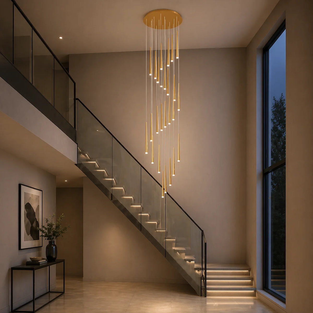 Gold Jundaru spiral cluster pendant with twelve lights in a floating stairwell