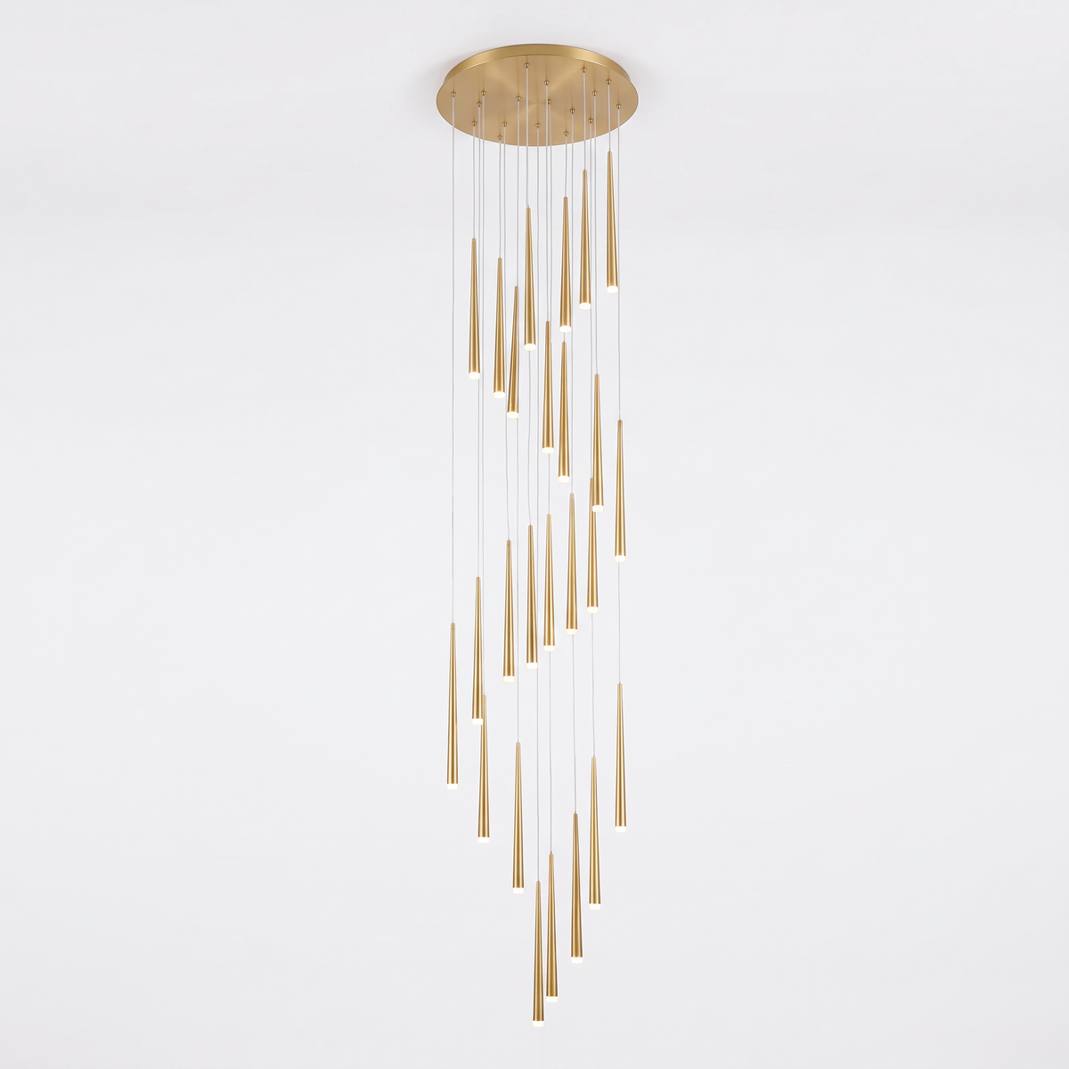 Jundaru pendant light in gold with a spiral of tapered LED heads on a white background