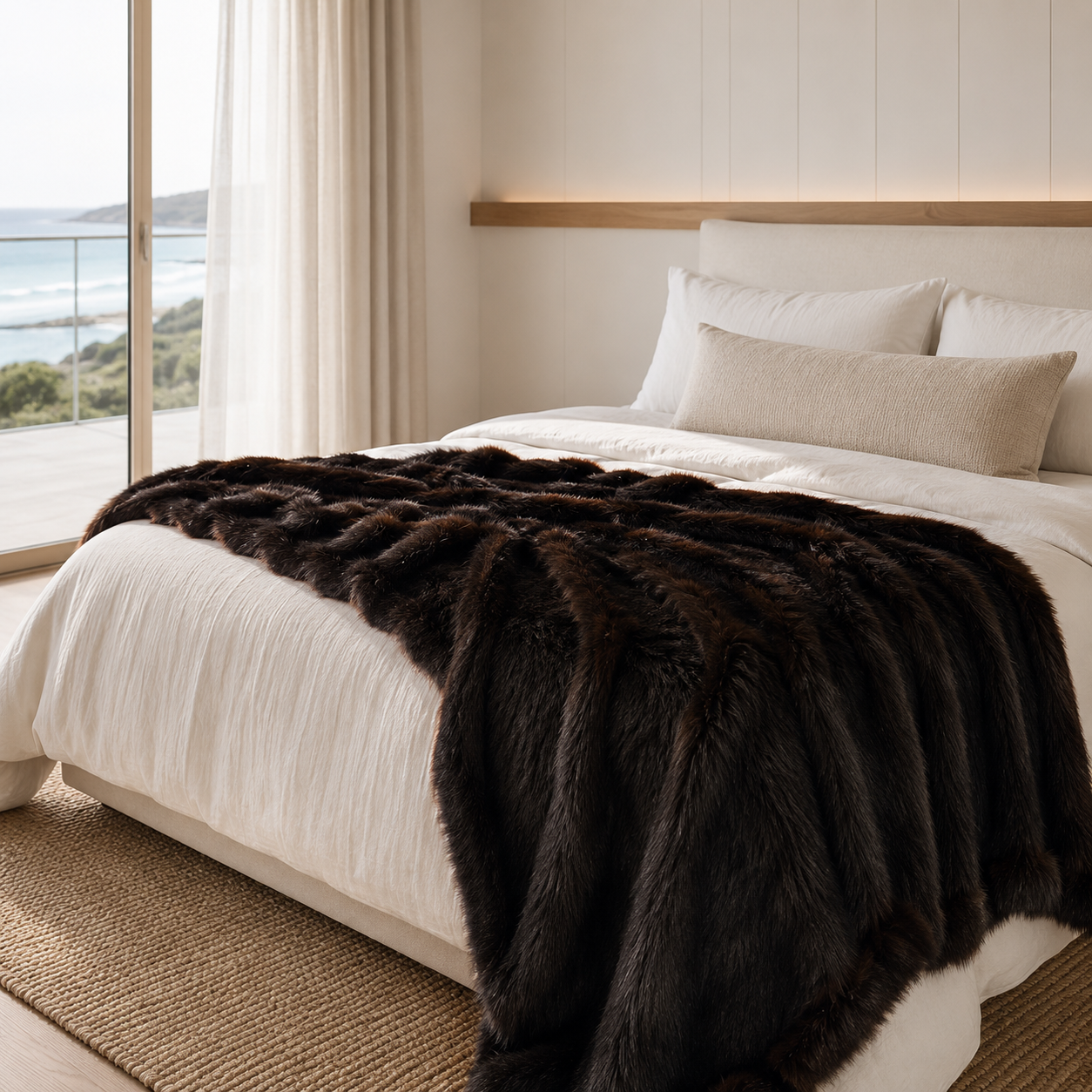 Karri Faux Fur Blanket styled on a bed for a layered, cosy look
