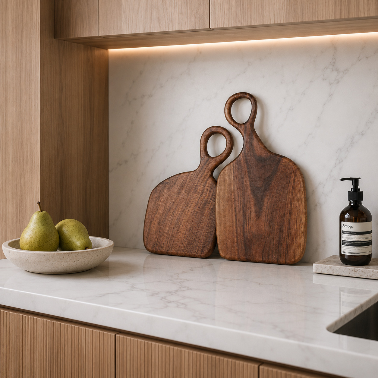 Kell Walnut Wood Cutting Board Set on a kitchen counter