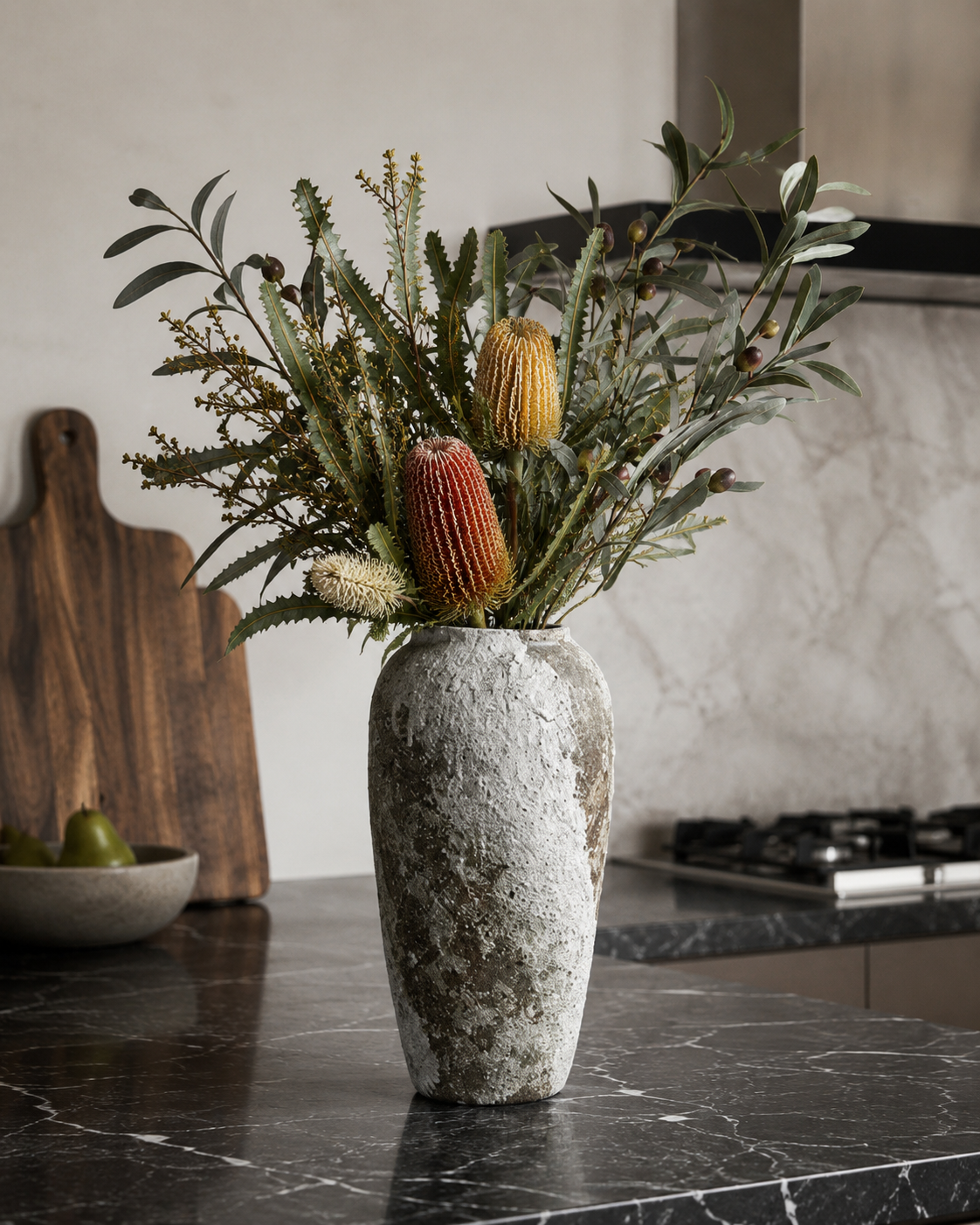 Keramas Ceramic Vase in the Bottle shape styled on a console table