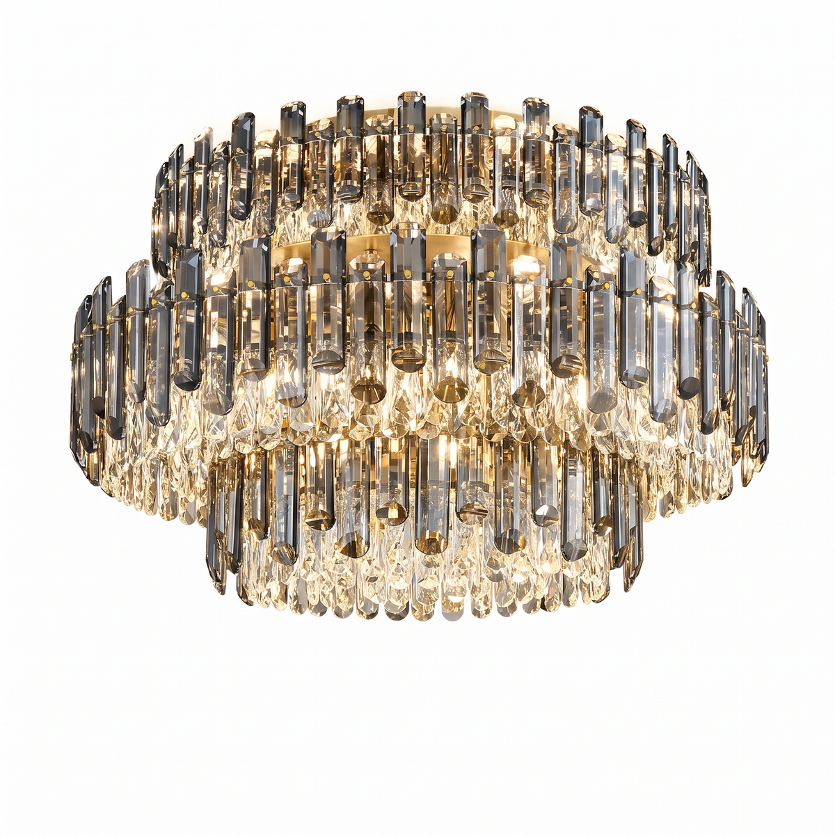 Kiah tall round two-tier crystal flush mount chandelier on a white background